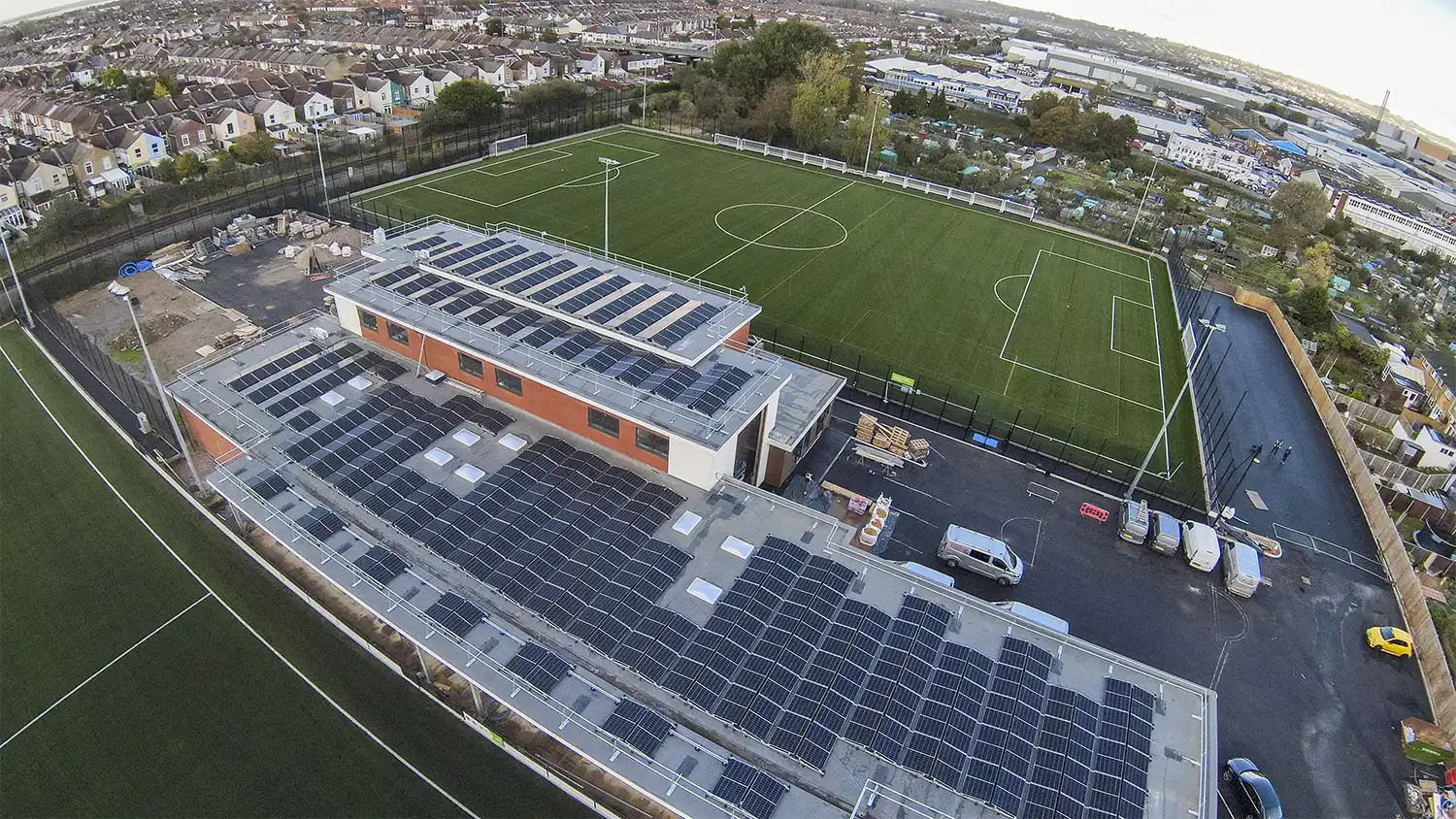 Aerial view of the Pompey in the Community stadium, representing leisure venues benefiting from solar with Utilita Business.